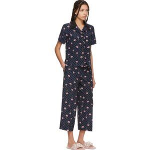 Miu Miu Navy Floral Polka Dot 100% Silk Pajama Set of Shirt and Pants Size 36